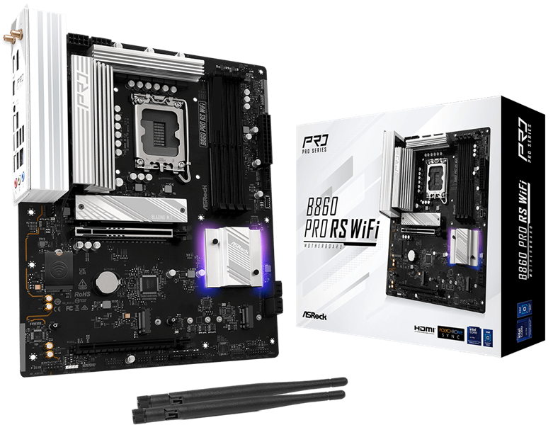 Материнская плата ASROCK B860 PRO RS WIFI, LGA1851, B860, 4*DDR5, 4*SATA, 4*M.2, 6*USB 3.2, 2*USB 2.0, Type-C, 2*PCIx16, 1*M.2 (Key E), HDMI+DP, ATX