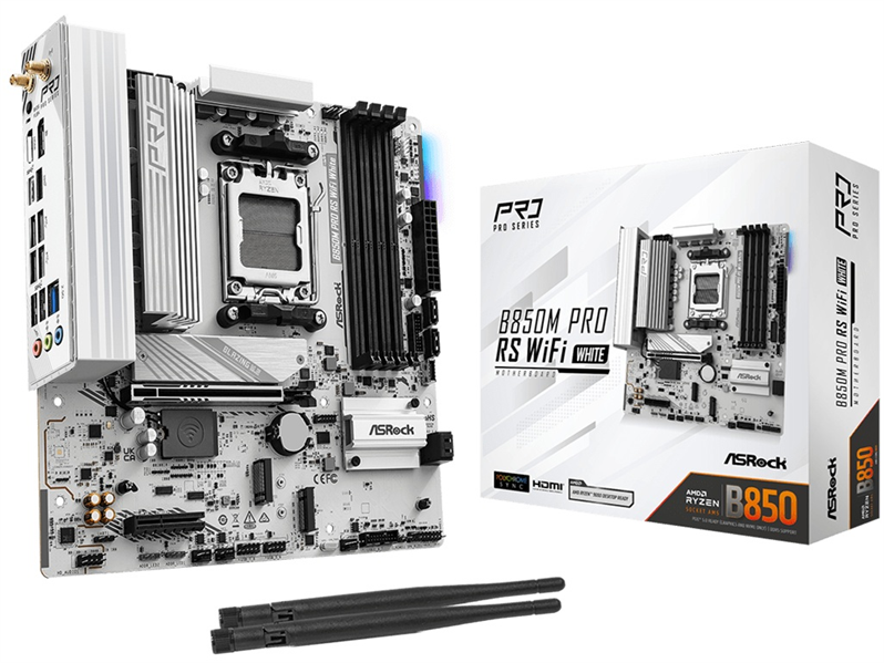 Материнская плата ASROCK B850M PRO RS WIFI WHITE, AM5, B850, 4*DDR5, 4*SATA, 3*M.2, 4*USB 2.0, 3*USB 3.2, Type-C, 2*PCIx16, 1*M.2 (Key E), HDMI+DP, mATX