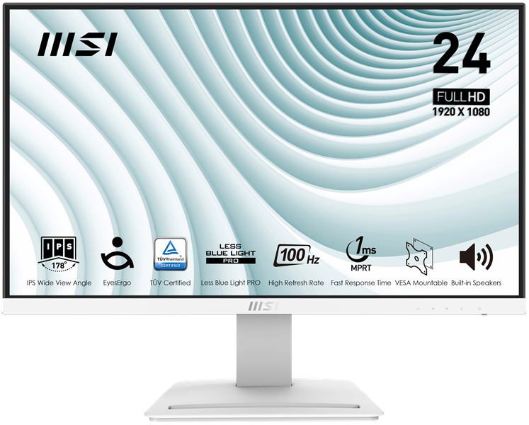 MSI PRO MP243XW 24.5" 16:9 FHD(1920x1080) IPS Flat,1ms(MPRT),1000:1,100M:1,300nit,178/178,HDMI 1.4, DP 1.2, Speaker,Tilt,VESA,100Hz,White,1y war-ty