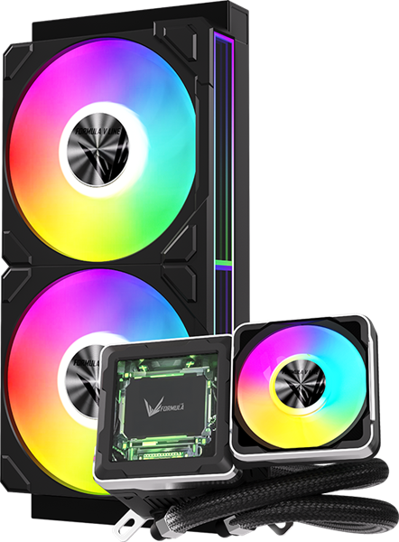 Система водяного охлаждения Formula V Line Cryo Wing Digi 240 BK, 240mm, LCD 2.73", 2x120mm, ARGB fans, LGA115X/1200/1700/1851/1366/2011/2066, AM3/AM4/AM5/Ryzen3/Ryzen5/Ryzen7/Threadripper/RT4