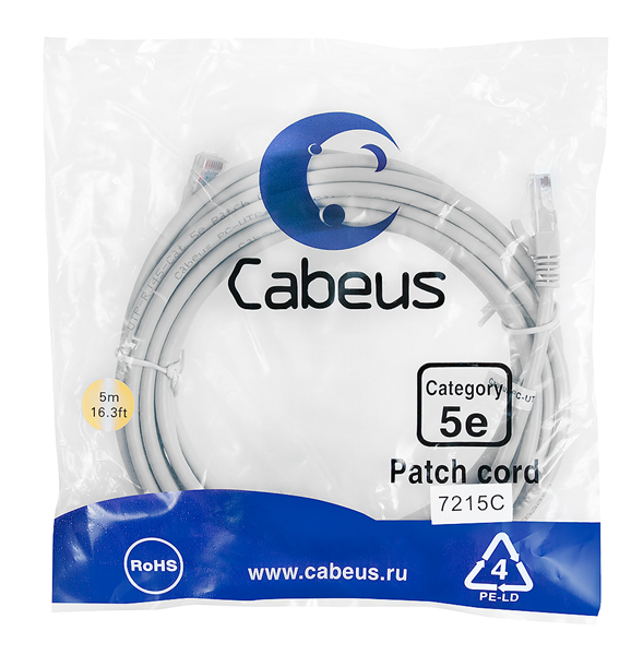 Патч-корд Cabeus PC-UTP-RJ45-Cat.5e-5m Патч-корд U/UTP, категория 5е, 2xRJ45/8p8c, неэкранированный, серый, PVC, 5м