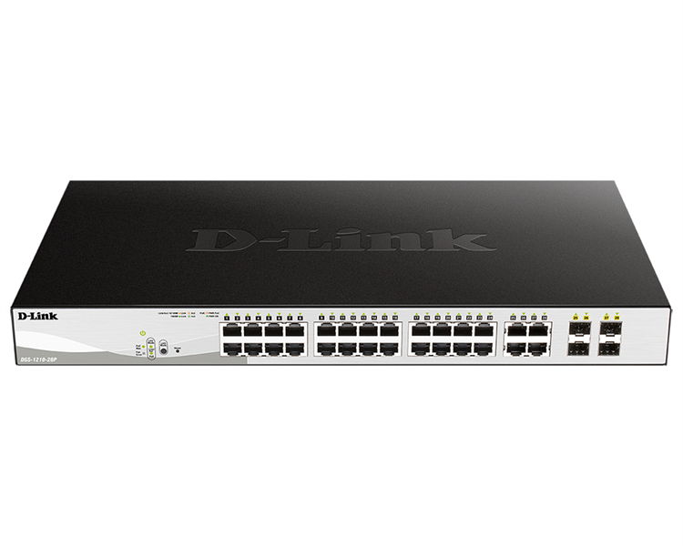 Коммутатор D-Link Управляемый L2 PoE-коммутатор, 24x1000Base-T PoE, 4xCombo 1000Base-T/SFP, PoE-бюджет 193 Вт, защита от статического электричества до 6 кВ, CLI