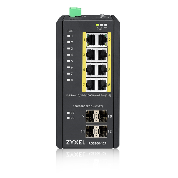 Коммутатор Промышленный L2 PoE+ коммутатор Zyxel RGS200-12P, 8xGE PoE+, 4xSFP, крепление на стену/DIN-рейку, IP30, два источника питания DC, бюджет PoE 240 Вт