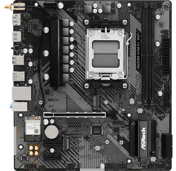 Материнская плата ASROCK B650M-H/M.2+WIFI, AM5, B650, 2*DDR5, 4*SATA, 2*M.2, 3*USB 3.2, 2*USB 2.0, Type-C, 1*PCIx16, 2*PCIx1, 1xM.2 (Key E), HDMI+DP, mATX