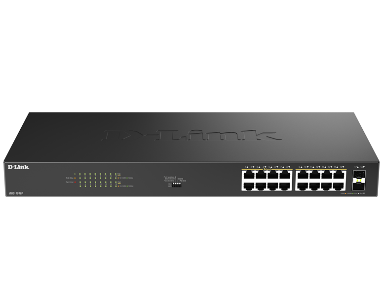 Коммутатор D-Link Конфигурируемый PoE-коммутатор, 16х1000Base-T PoE, 2x1000Base-X SFP, PoE-бюджет 240 Вт, дальность PoE до 250 м, DIP-переключатель, корпус металл