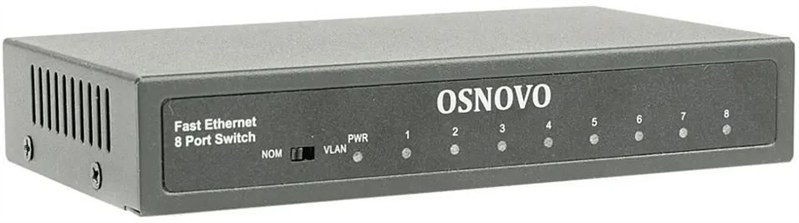 Коммутатор Fast Ethernet OSNOVO SW-10800 Неуправляемый коммутатор Fast Ethernet на 8 RJ45 портов. Порты: 8 x FE (10/100Base-TX). Изоляция портов (VLAN). Auto MDI/MDIX Встроенная грозозащита 3кВ. В комплекте БП DC12V(1A). Разм
