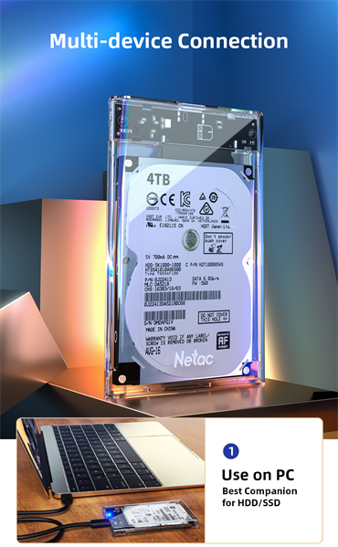 Внешний корпус для диска HDD/SSD Netac WH11 2.5 SATA to USB3.0 External HDD/SSD Case, Slide Transparent Cover, with USB3.0 A to B cable
