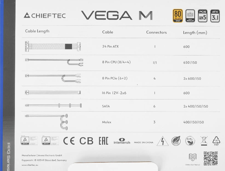 Блок питания Chieftec Vega M PPG-850-C (ATX 3.1, 850W, 80 PLUS GOLD, Active PFC, 135mm fan, Gen5 PCIe, Full Cable Management) Retail