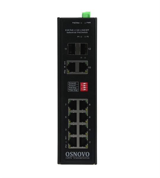 Промышленный PoE коммутатор Gigabit Ethernet OSNOVO SW-80822/IR Промышленный PoE коммутатор Gigabit Ethernet на 10 портов. Порты: 2 x GE (10/100/1000Base-T) с PoE BT (до 90W) + 6 x GE (10/100/1000Base-T) с PoE (до 30W) + 2 x GE RJ45 (10/100/1000