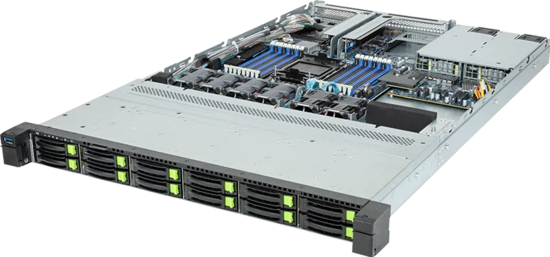 Шасси серверное Gigabyte Server Platform R163-S35 / 1U / 1xIntel (Gen 4/5) / 1xHS / 16xDIMM / 12xSFF NVME/SAS/SATA + 1xM.2 PCIe Gen3 / 1x1GbE / 1xOCP 3.0 / 1xFHHL / 2x1300W / Rails / 1Y
