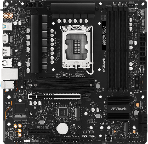 Материнская плата ASROCK B860M PRO-A, LGA1851, B860, 4*DDR5, 4*SATA, 4*M.2, 6*USB 3.2, 2*USB 2.0, Type-C, 2*PCIx16, 1*M.2 (Key E), HDMI+DP, mATX
