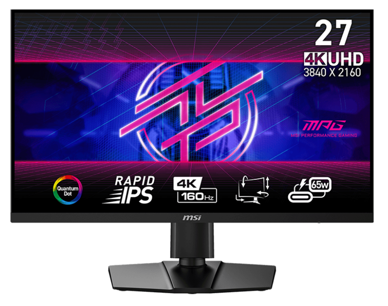MSI MPG 274URF QD 27" 16:9 UHD(3840x2160)Rapid IPS Flat,0.5ms,HDR400,1000:1,100M:1,400nit,178/178,2xHDMI 2.1,DP 1.4,USB-C,2xUSB Type-A,USB Type-B,Tilt,Swivel,Height,VESA,160Hz,Black,1y w-ty