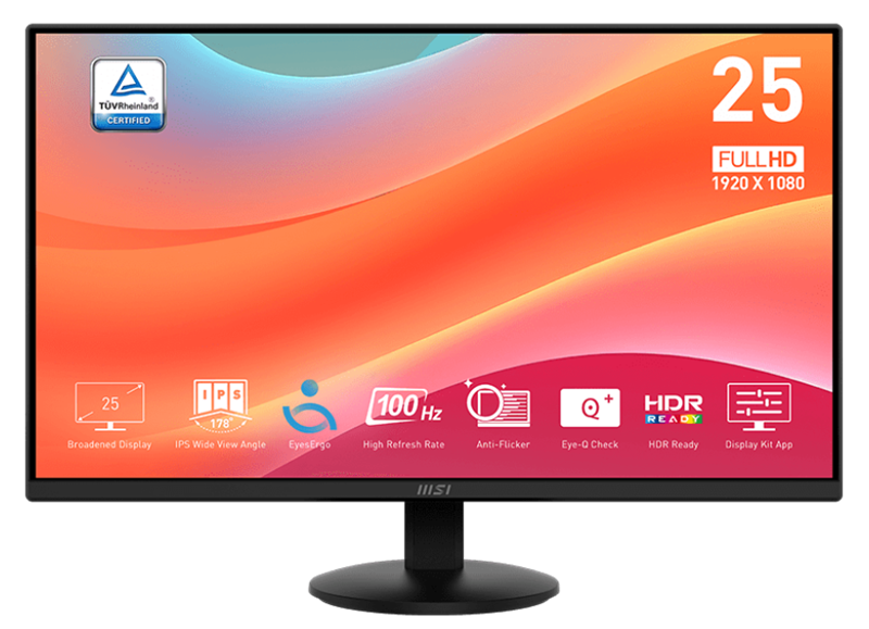 Монитор MSI PRO MP252L 24.5" 16:9 FHD(1920x1080) IPS Flat,1ms(MPRT),1300:1,100M:1,250nit,178/178,HDMI 1.4,DP 1.2a,Tilt, VESA,100Hz,Black,1y war-ty