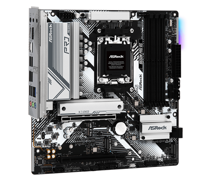 Материнская плата ASROCK B650M PRO RS, AM5, B650, 4*DDR5, 4*SATA, 3*M.2, 3*USB 3.2, 4*USB 2.0, Type-C, 2*PCIx16, 1*M.2 (Key E), HDMI+DP, mATX