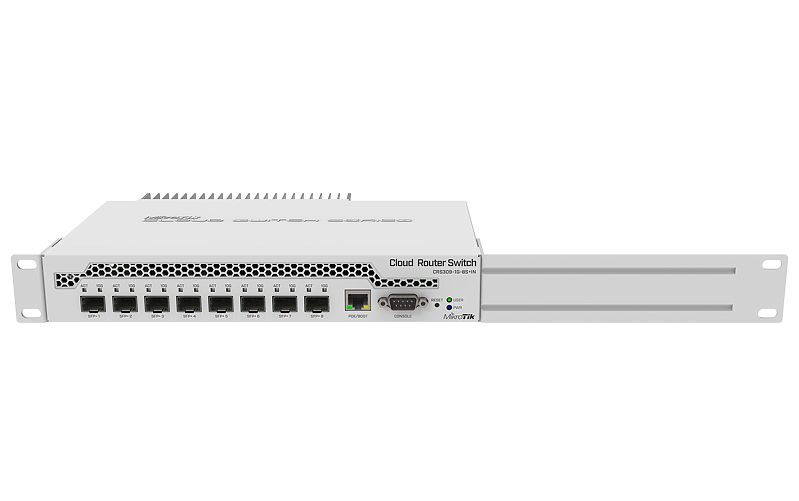 Маршрутизатор MikroTik Cloud Router Switch 309-1G-8S+IN with Dual core 800MHz CPU, 512MB RAM, 1xGigabit LAN, 8 x SFP+ cages, RouterOS L5 or SwitchOS (dual boot), passive desktop case, rackmount ears, PSU