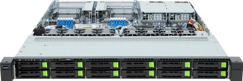 Шасси серверное Gigabyte Server Platform R163-Z35 Rev.3x / 1U / 1xAMD (9004/9005) / 1xHS / 12xDIMM / 12xSFF NVME/SAS/SATA + 1xM.2 PCIe Gen3 / 1x1GbE / 2xOCP 3.0 / 2xFHHL / 2x1300W / Rails / 1Y