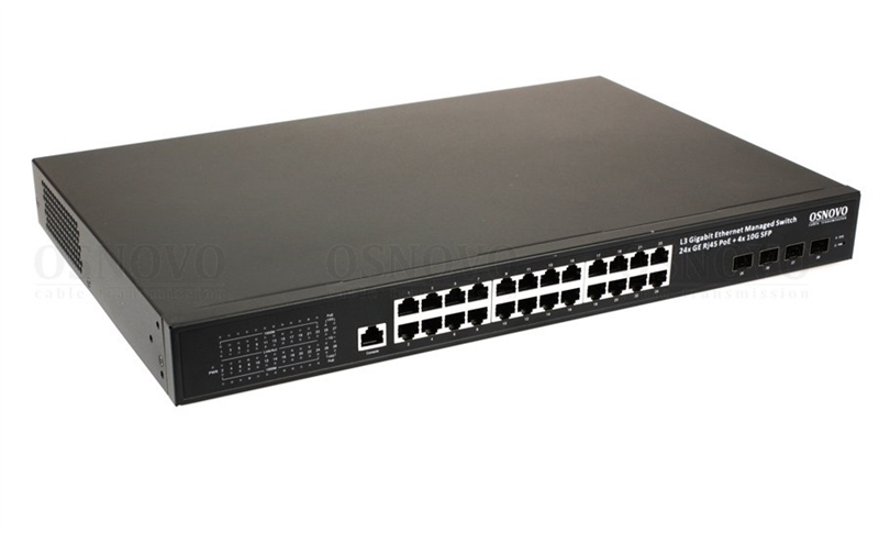 PoE Коммутатор OSNOVO SW-24G4X-1L Управляемый L3 PoE коммутатор на 24xGE RJ-45 c PoE + 4х10G SFP+ порта. Порты: 2 x GE (10/100/1000 Base-T) с PoE (до 90W, A+B) + 22 x GE (10/100/1000 Base-T) с PoE (до 30W), 4 x 1G/