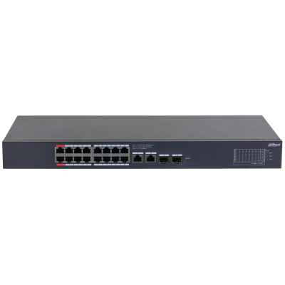 Коммутатор DAHUA 16-портовый гигабитный PoE коммутатор с функцией облачного управления Порты: 16 RJ45 10/100/1000Мбит/с (PoE/PoE+/Hi-PoE), 2 RJ45 10/100/1000Мбит/с (uplink), 2 SFP 1000Мбит/с (uplink); мощность