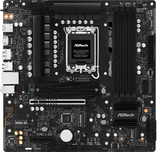 Материнская плата ASROCK B860M PRO-A, LGA1851, B860, 4*DDR5, 4*SATA, 4*M.2, 6*USB 3.2, 2*USB 2.0, Type-C, 2*PCIx16, 1*M.2 (Key E), HDMI+DP, mATX