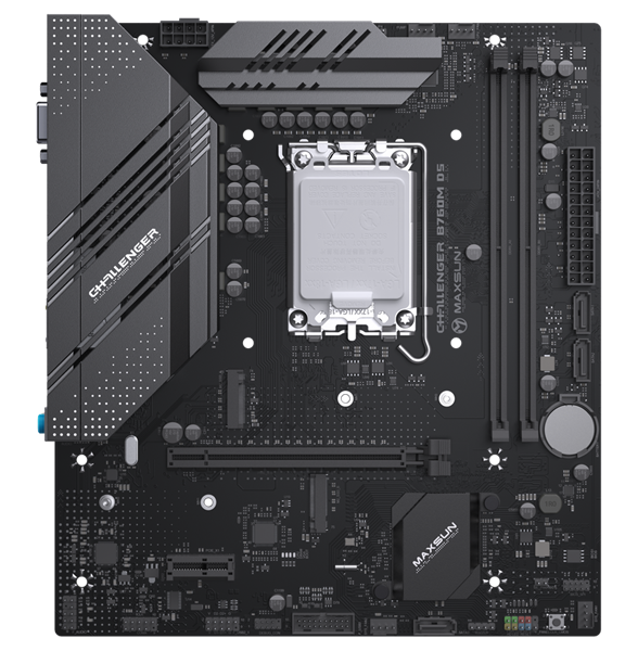 Материнская плата MAXSUN MS-Challenger B760M D5, LGA1700, B760, 2*DDR5, 3*SATA3, 3*M.2, 2*USB 3.2, 6*USB 2.0, 1*PCIEx16, 1*PCIEx1, VGA+HDMI, mATX
