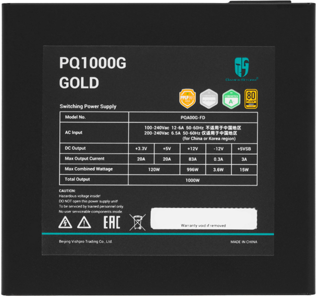 блок питания Deepcool GAMERSTORM PQ1000G (ATX 3.1, 1000W, Full Cable Management, PWM 120mm fan, 80+ GOLD, Active PFC + Half Bridge + DC/DC, Full Japanese Capasitors, Gen5 PCIe) RET (R-PQA00G-FD0B-WGEU-V1)