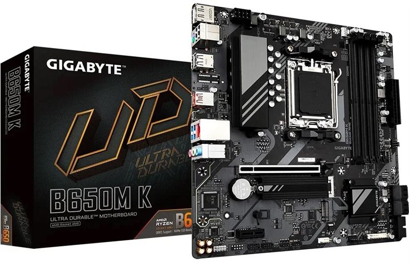 Материнская плата GIGABYTE B650M K, AM5, B650, 4*DDR5, 4*SATA, 2*M.2, 3*USB 3.2, 4*USB 2.0, Type-C, 1*PCIx16, 1*PCIx1, DP+HDMI, mATX