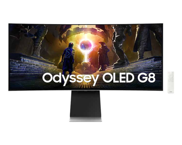 Монитор Samsung 34" Odyssey OLED G8 G85SD S34DG852SI Curved OLED 21:9 3440x1440x175Hz 0,03ms 1M:1 250cd 1,07B 178/178 DP; HDMIx2 USB3.0x2 Smart TV Spk 10вт Tilt HAS Pivot БП внешн VESA Silver