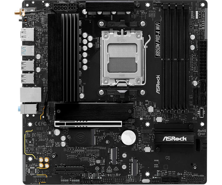 Материнская плата ASROCK B850M PRO-A WIFI, AM5, B850, 4*DDR5, 4*SATA, 4*M.2, 4*USB 2.0, 3*USB 3.2, 2*Type-C, 2*PCIx16, 1*M.2 (Key E), HDMI+DP, mATX