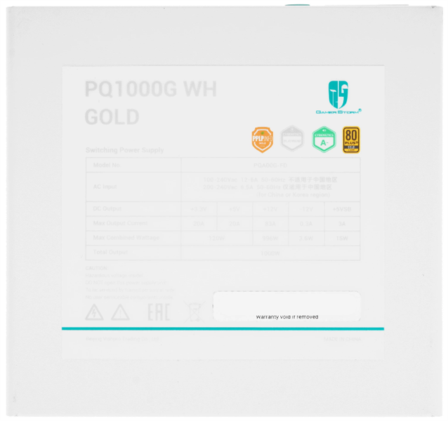 Блок питания Deepcool GAMERSTORM PQ1000G WH (ATX 3.1, 1000W, Full Cable Management, 120mm fan, 80+ GOLD, Active PFC + Half Bridge + DC/DC, Full Japanese Capasitors, Gen5 PCIe, белый) RET (R-PQA00G-FD0W-WGEU-V1)