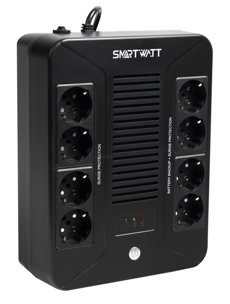 Источник бесперебойного питания SMARTWATT ИБП линейно-интерактивный, 800/480 ВА/Вт, напольный/настенный, LED индикация, Schuko CEE7/4 - 8 шт. (4 шт. с резервным питанием, 4 шт. - сетевой фильтр)