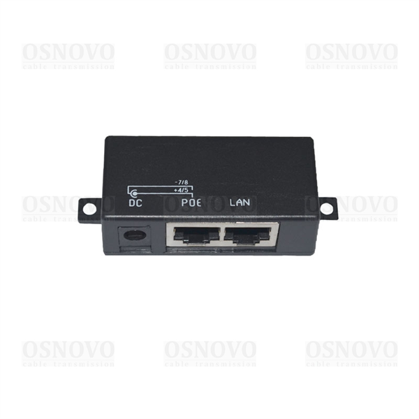 Пассивный PoE-инжектор OSNOVO Midspan-1/P1 Пассивный PoE-инжектор/PoE-сплиттер. Предназначен для питания оконечных сетевых устройств. Напряжение PoE - до 57V(конт. 4,5 (+), 7,8 (-)). Fast Ethernet. Максимальный ток - 1A. По
