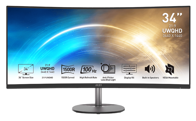 Монитор MSI PRO MP341CQ 34" 21:9 UWQHD(3440x1440) VA Curve1500R,1ms(MPRT),3000:1,100M:1,300nit,178/178,2xHDMI 2.0,DP 1.2,Tilt,Speaker,VESA,100Hz,Black,1y war-ty