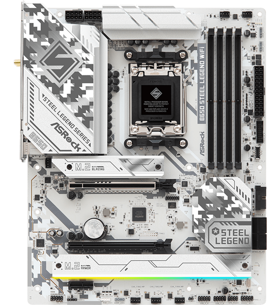 Материнская плата ASROCK B650 STEEL LEGEND WIFI, AM5, B650, 4*DDR5, 2*SATA, 3*M.2, 5*USB 3.2, 2*USB 2.0, Type-C, 2*PCIx16, 1*M.2 (Key E), HDMI+DP, ATX