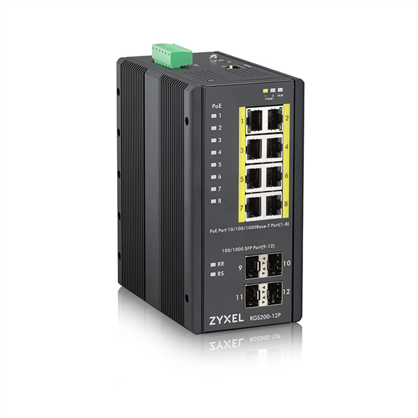 Коммутатор Промышленный L2 PoE+ коммутатор Zyxel RGS200-12P, 8xGE PoE+, 4xSFP, крепление на стену/DIN-рейку, IP30, два источника питания DC, бюджет PoE 240 Вт