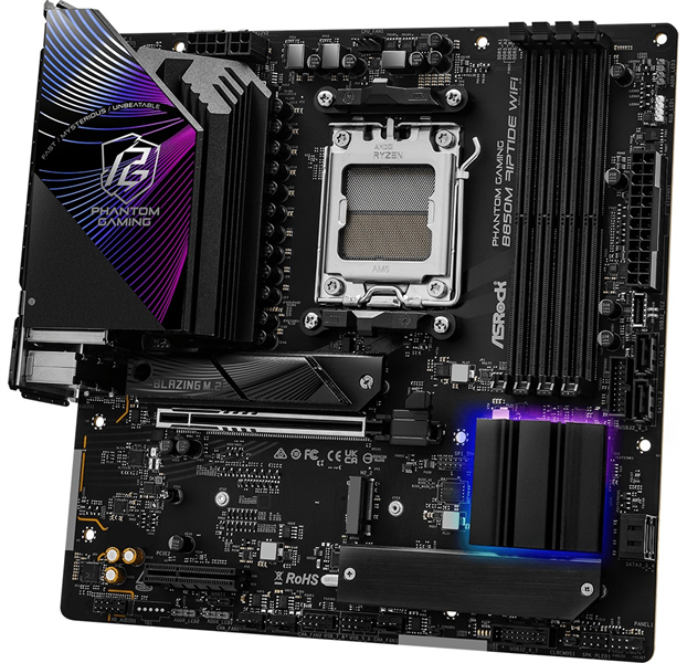 Материнская плата ASROCK B850M RIPTIDE WIFI, AM5, B850, 4*DDR5, 4*SATA, 3*M.2, 4*USB 2.0, 3*USB 3.2, Type-C, 2*PCIx16, 1*M.2 (Key E), HDMI+DP, mATX
