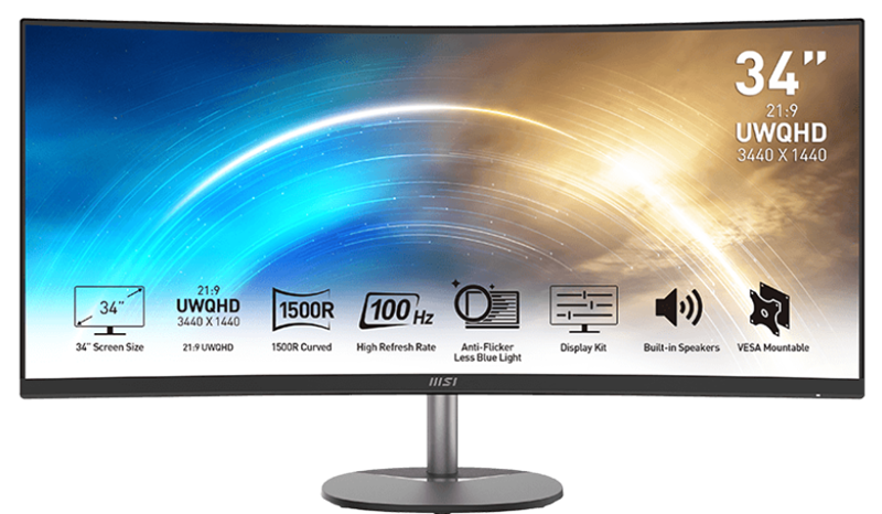 Монитор MSI PRO MP341CQ 34" 21:9 UWQHD(3440x1440) VA Curve1500R, 1ms(MPRT), 3000:1,100M:1,300nit,178/178,2xHDMI 2.0,DP 1.2,Tilt,Speaker,VESA,100Hz,Black,1y w-ty