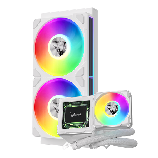 Система водяного охлаждения Formula V Line Cryo Wing Digi 240 WH, 240mm, LCD 2.73", 2x120mm, ARGB fans, LGA115X/1200/1700/1851/1366/2011/2066, AM3/AM4/AM5/Ryzen3/Ryzen5/Ryzen7/Threadripper/RT4