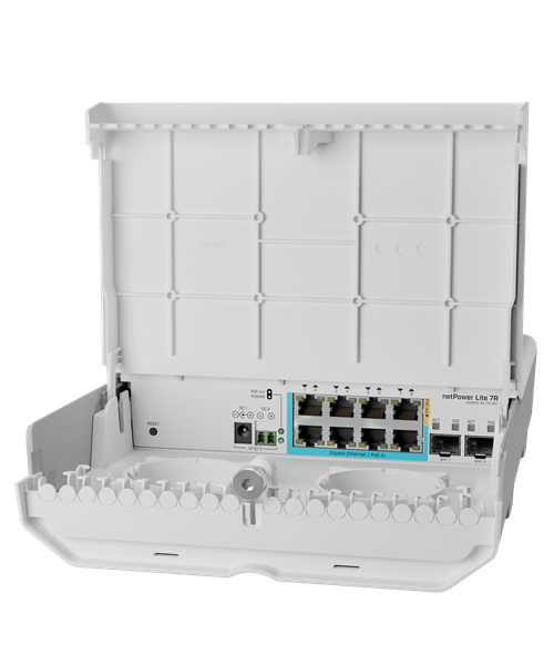 Уличный коммутатор MikroTik netPower Lite 7R with 8 x Gigabit Ethernet ports (7 with Reverse POE-in, 1 with PoE-OUT), 2 x SFP+ cages, SwitchOS, outdoor enclosure, mounting kit (power supply NOT included)