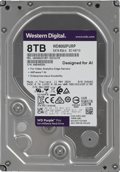 Жесткий диск Western Digital Purple Pro HDD 3.5" SATA 8Тb, 7200 rpm, 256MB buffer (DV&NVR + AI), WD8002PURP, 1 year