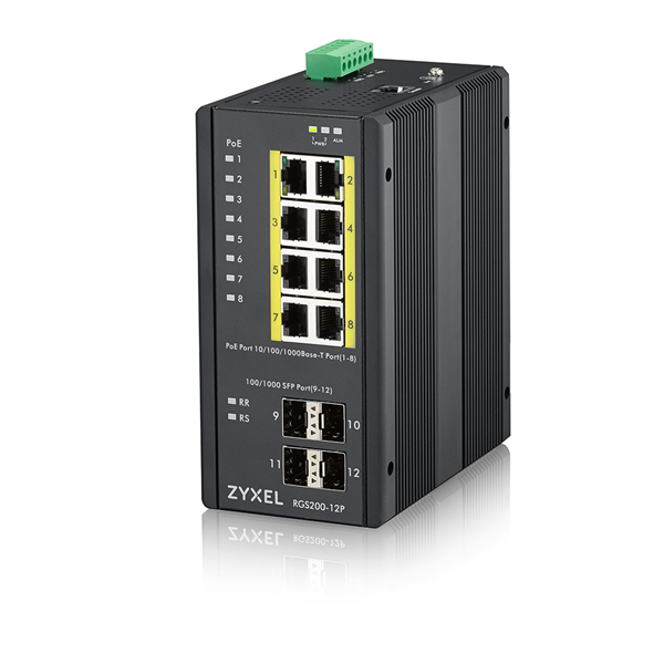Коммутатор Промышленный L2 PoE+ коммутатор Zyxel RGS200-12P, 8xGE PoE+, 4xSFP, крепление на стену/DIN-рейку, IP30, два источника питания DC, бюджет PoE 240 Вт