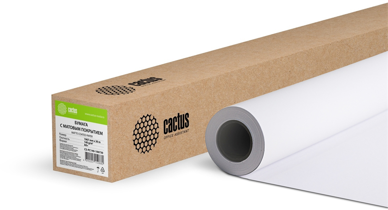 Бумага Cactus CS-PC140-106730 42"(A0+) 1067мм-30м/140г/м2/белый матовое универсальная (с покрытием) втулка:50.8мм (2")