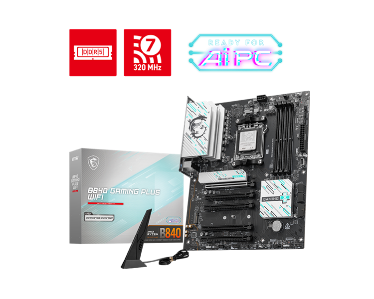 Материнская плата MSI B840 GAMING PLUS WIFI ,B840,AM5,4DDR5,5PCI-Ex16,2M.2,4SATA3,2USB10G(1A+1C),5USB5G