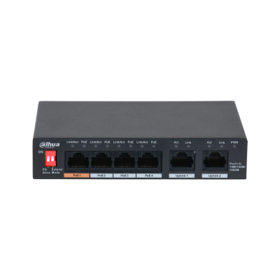 Коммутатор DAHUA 4-портовый неуправляемый коммутатор с РоЕ Порты: 4 RJ45 10/100/1000Мбит/с (PoE/PoE+/Hi-PoE), 2 RJ45 10/100/1000Мбит/с (uplink); мощность PoE: 1 до 60Вт, порты: 2~4 до 30Вт, суммарно до 60Вт; PoE