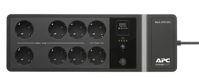 Источник бесперебойного питания для персональных компьютеров APC Back-UPS ES 650VA/400W, 230V, 8 Rus outlets (2 Surge & 6 batt.), USB, USB charge(type A), Data/DSL protection, 1 year warranty