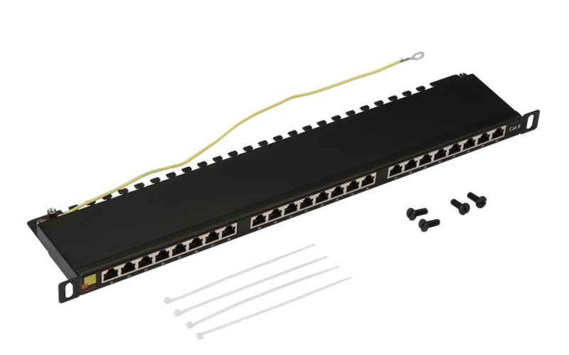 Патч-панель Патч-панель 19" компактная, экранированная, 24 порта RJ45, кат.6, 0.5U, с задним органайзером