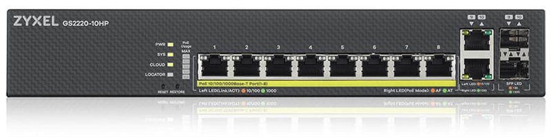Коммутатор L2 PoE+ Zyxel NebulaFlex Pro GS2220-10HP, rack 19", 8xGE PoE+, 2xCombo (SFP/RJ-45), бюджет PoE 180 Вт