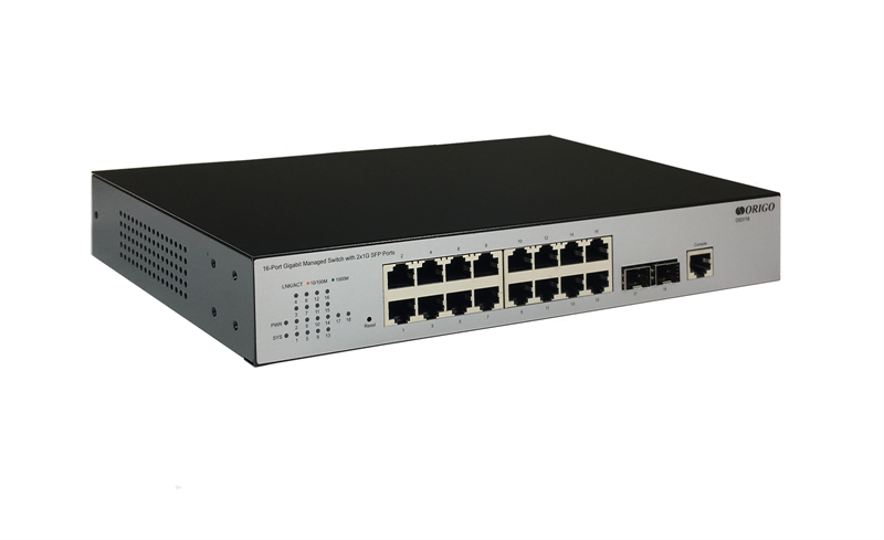 Коммутатор ORIGO Управляемый L2 коммутатор, 16x1000Base-T, 2x1000Base-X SFP, консольный порт RJ-45, комплект для установки в 19" стойку