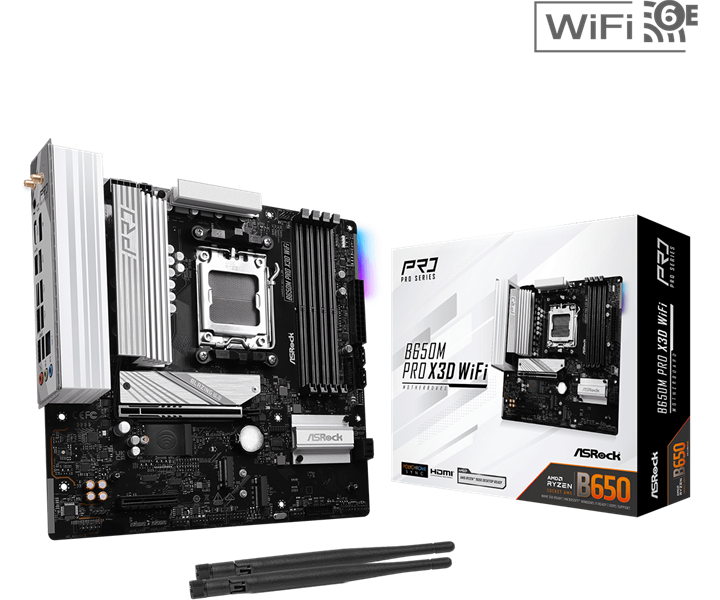 Материнская плата ASROCK B650M X3D WIFI, AM5, B650, 4*DDR5, 4*SATA, 3*M.2, 3*USB 3.2, 4*USB 2.0, Type-C, 2*PCIx16, 1*M.2 (Key E), HDMI+DP, mATX