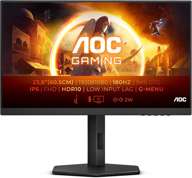 Монитор 24" AOC 24G4X 1920x1080, WLED, 16:9, Fast IPS, 300cd, 1000:1, 80M:1, 1ms, 178/178, HDMI*2, DP, 180Hz, Speakers, HAS, Pivot, Tilt, Swivel, Внут, VESA, Black/Grey, 3y