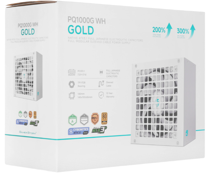 Блок питания Deepcool GAMERSTORM PQ1000G WH (ATX 3.1, 1000W, Full Cable Management, 120mm fan, 80+ GOLD, Active PFC + Half Bridge + DC/DC, Full Japanese Capasitors, Gen5 PCIe, белый) RET (R-PQA00G-FD0W-WGEU-V1)